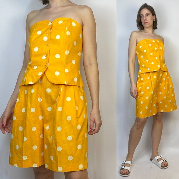 Vintage 80s Two Piece POLKA DOT Corset Summer Set! Large - Picture 3 of 4